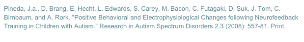 Pineda, J.a., D. Brang, E. Hecht, L. Edwards, S. Carey, M. Bacon, C. Futagaki, D. Suk, J. Tom, C. Birnbaum, and A. Rork. "Positive Behavioral and Electrophysiological Changes following Neurofeedback Training in Children with Autism." Research in Autism Spectrum Disorders 2.3 (2008): 557-81. Print.